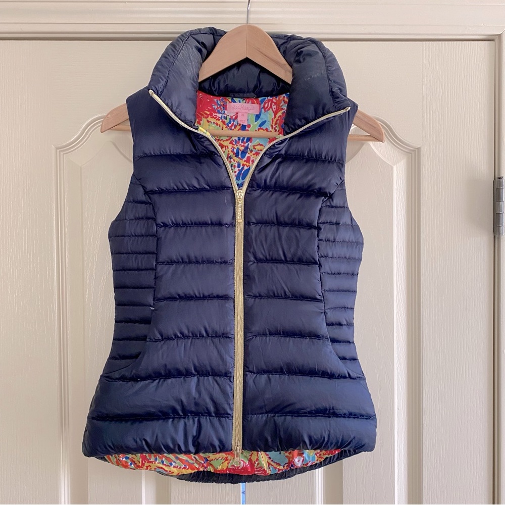 Lilly Pulitzer | Navy Blue Puffer Vest Gold Accents